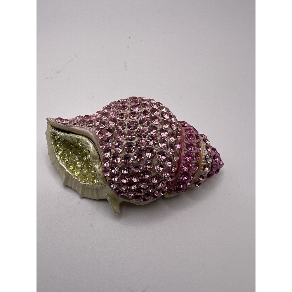Pink Coastal Conch Seashell Trinket Box, Magnetic Hinged Jeweled Rhinestones